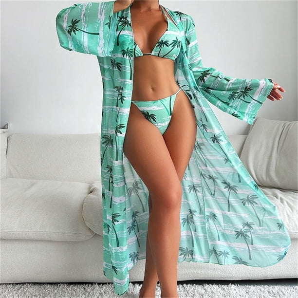 Trajes de baño para mujer, Trajes de baño para mujer, Traje de baño de tres piezas con tirantes de bikini estampados para mujer, Traje de baño de nailon para mujer