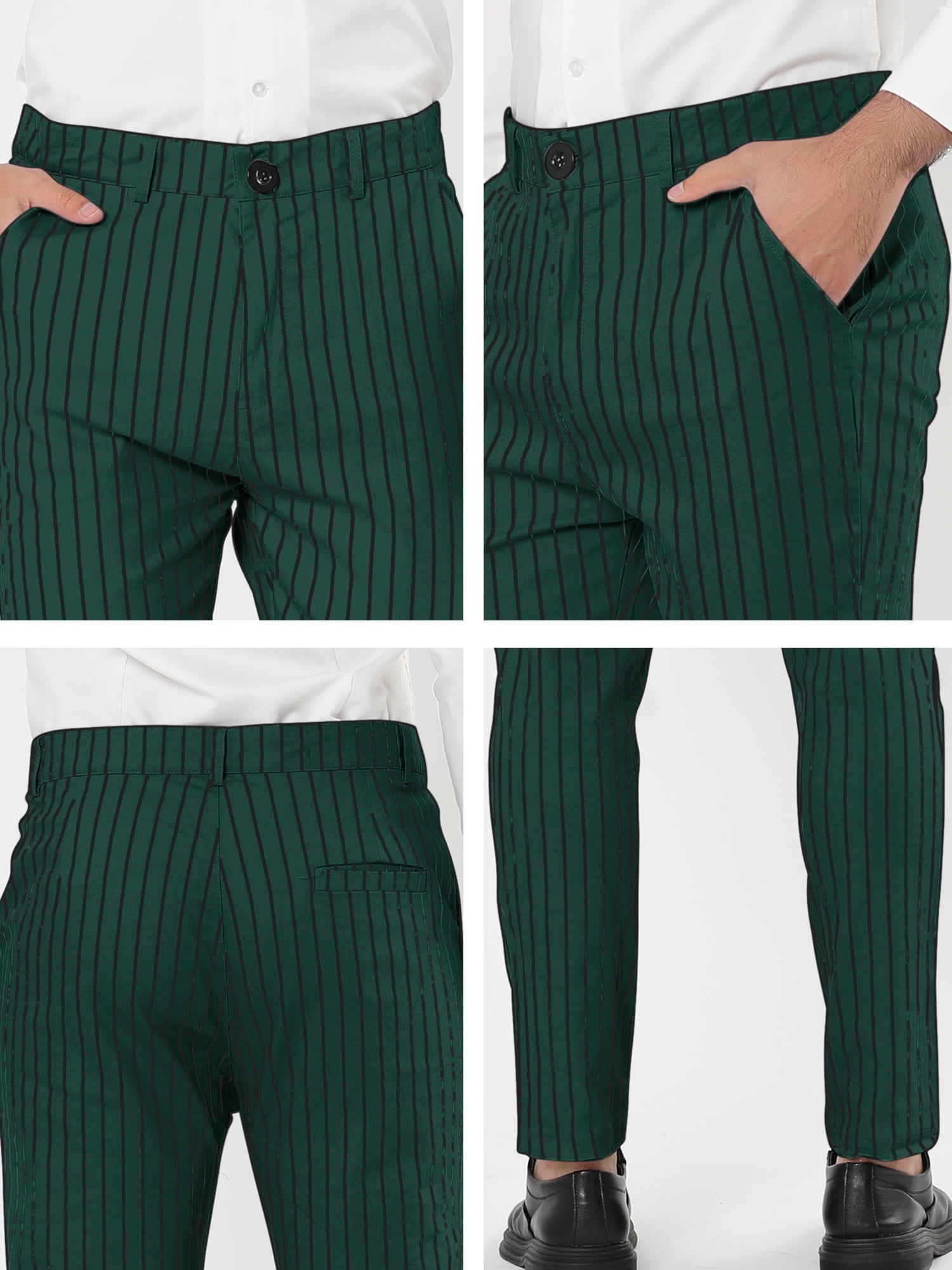 Unique Bargains Men's Striped Pants Slim Fit Flat Front Business Dress Trousers 32 Green Black