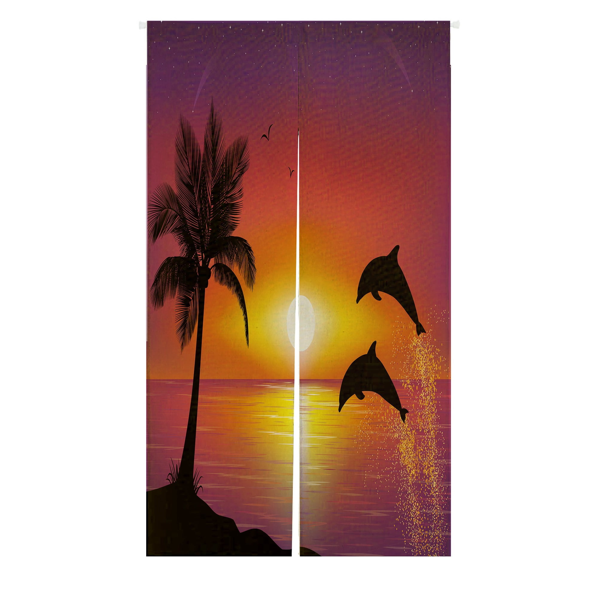 Ocean Sunset With Dolphins And Palm Trees