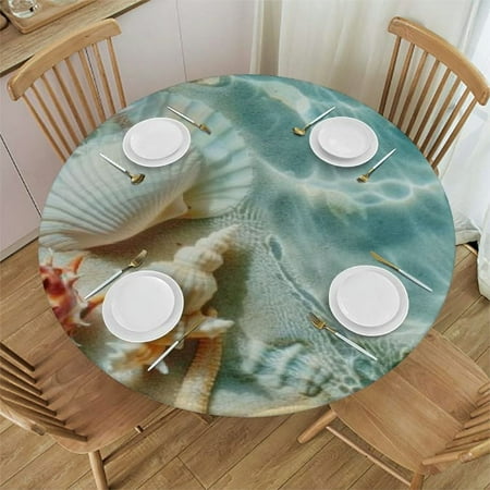 

Ullo0ord Beach Starfish Seashell Round Fitted Tablecloth with Elastic Edge Nautical Ocean Round Table Cover Wipeable Washable Polyester Table Clothes for Kitchen Dining Party Patio Card Table 46-50