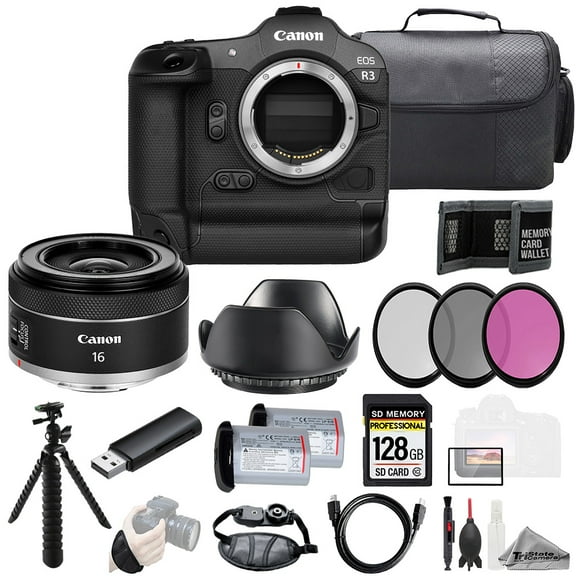 Canon EOS R3 Camera   RF 16mm f/2.8 STM Lens 128GB   Ext Bat  3 PC Filter- Kit (International Version)