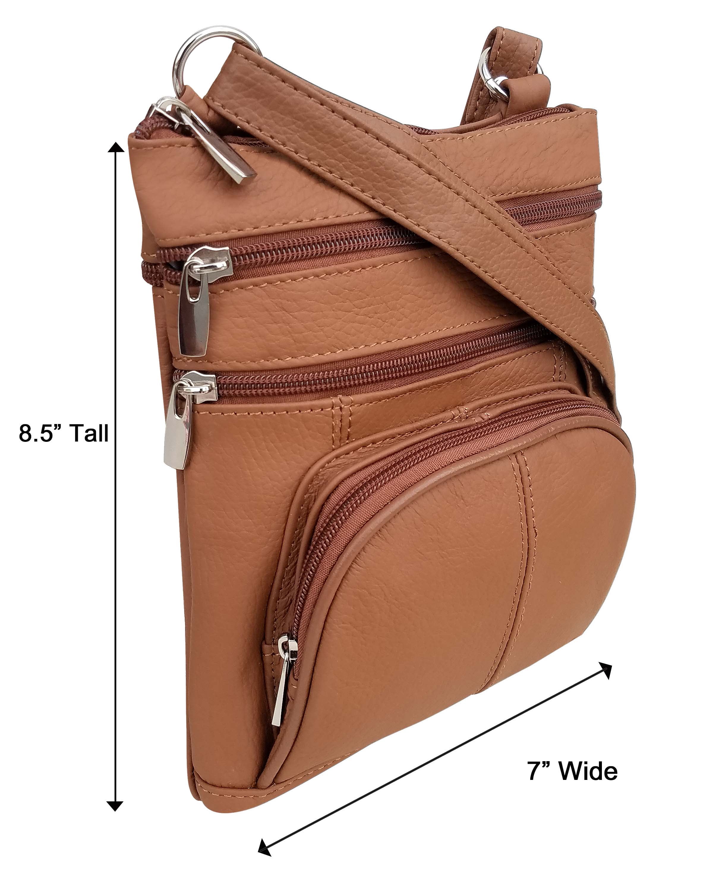 Roma Leathers Genuine Leather Multi-Pocket Crossbody Purse Bag (Light Brown)