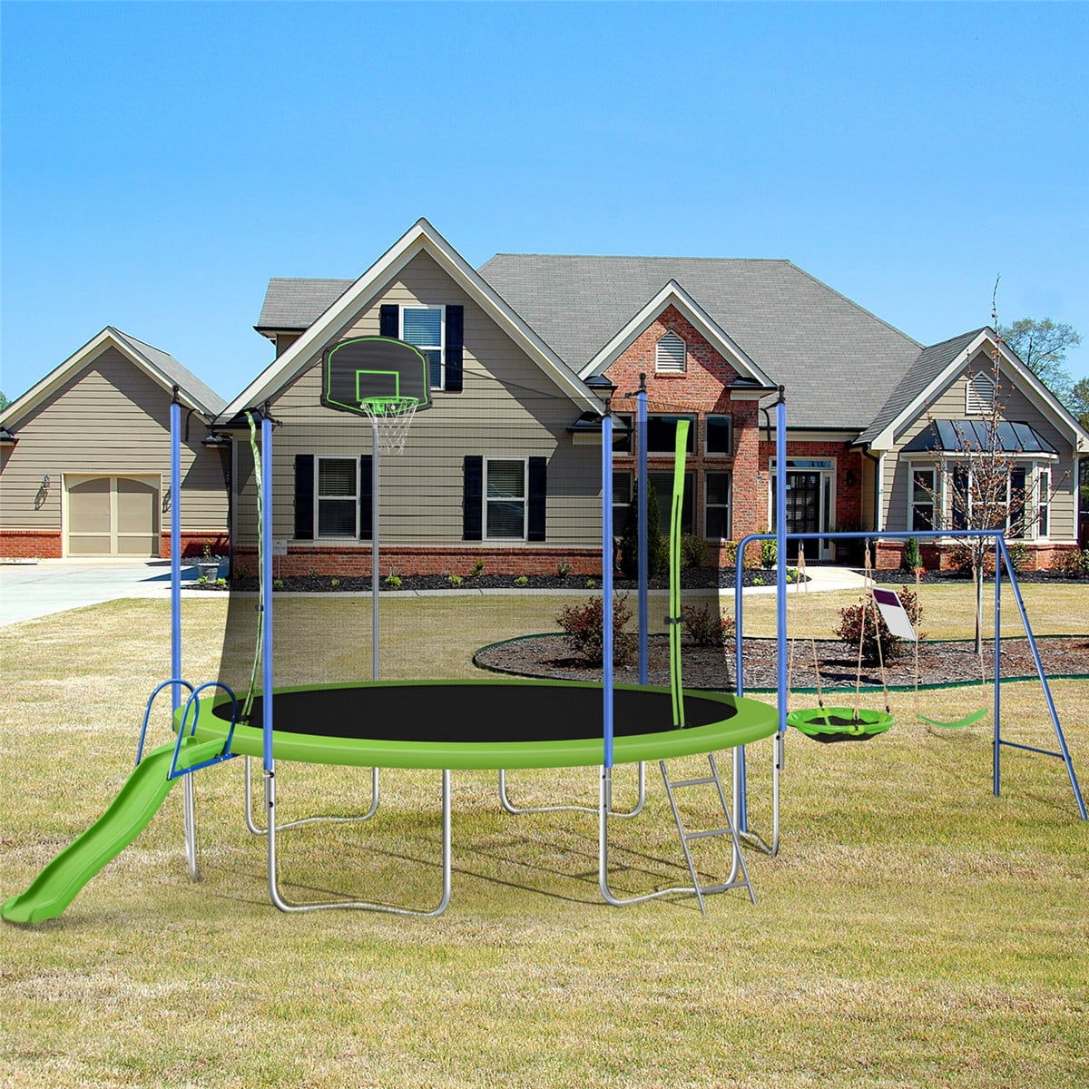 12FT Trampoline for Kids & Adults, Recreational Trampoline with Slide & Swing & Basketball Hoop & Enclosure Net, 600Lbs Capacity for 4-5 Kids