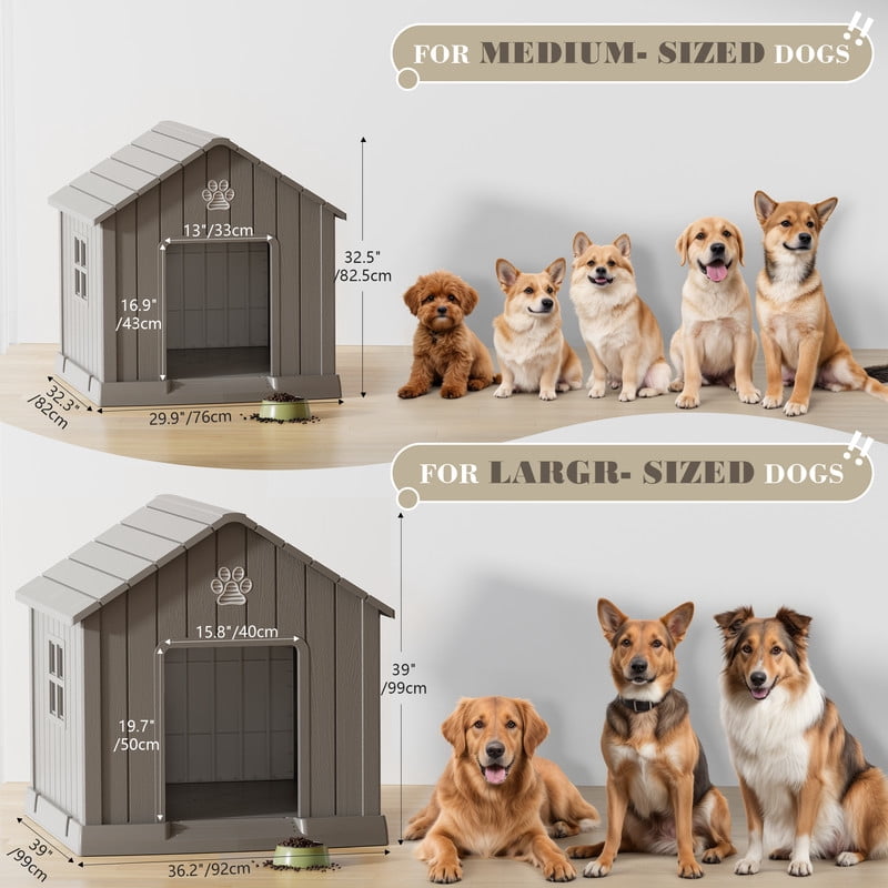 Bifanuo Durable Dog House, Indoor Outdoor Wateproof Doghouse, Pet Plastic Dog kennel for Small Medium Dogs,Grey and Blue ,29.9L x 32.3W x 32.5H Inchs