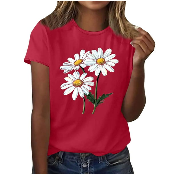 Camisas de Manga Corta para las Mujeres Moda Casual Impresión Cuello Redondo Suéter Tee Blusas