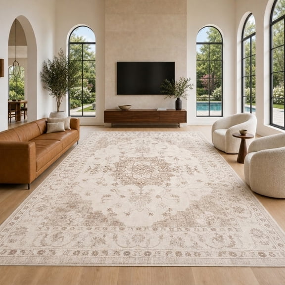 Prilinex 8x10 Area Rug, Washable Rugs for Living Room, Vintage Beige Carpet with Non-Slip & Stain Resistant, Farmhouse Soft Large Rugs for Bedroom Dining Room Kitchen
