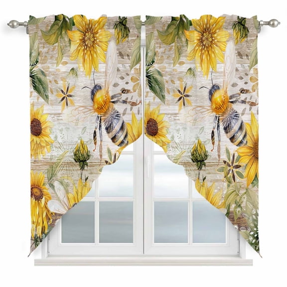 Sunflower Kitchen Window Curtains, Swag Curtains Valance for Bedroom Living Room Bathroom, Vintage Summer Bee Botanical Farmhouse Rod Pocket Window Treatment Curtain Block Drapes 2 Panels 28"x36"