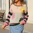 thumbnail image 2 of Lenpel Women's Sweaters Boat Neck Lantern Long Sleeve Floral Printed Color Block Knit Sweater Tops Casual Loose Pullover Sweaters(Green,Medium), 2 of 7