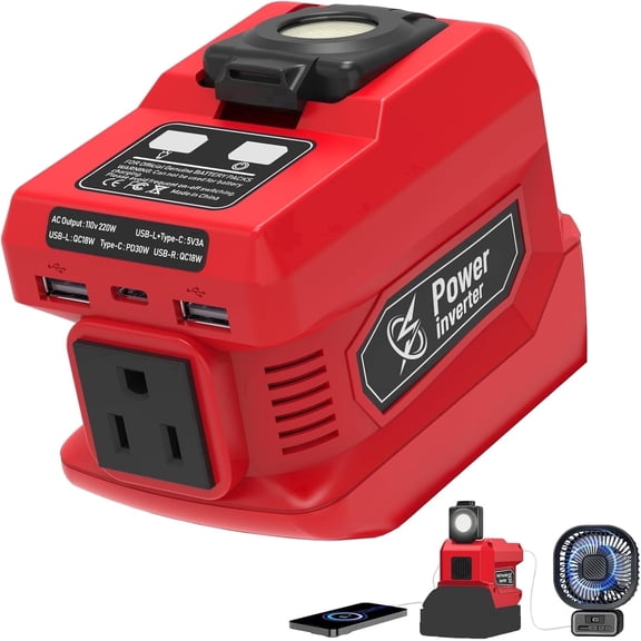 Kzreect 220W Power Inverter Compatible with Milwaukee 18V Battery, 110V 220W Output, 2 USB-A & 400 LM LED for Car, Camping & Emergency Use