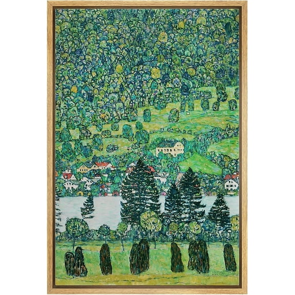 PixonSign Framed Canvas Print Wall Art Slope in Forest on Attersee Lake by Gustav Klimt Nature Wilderness Illustrations Retro Decorative Floral Botanical Minimal Fine Art - 16"x24" Natural
