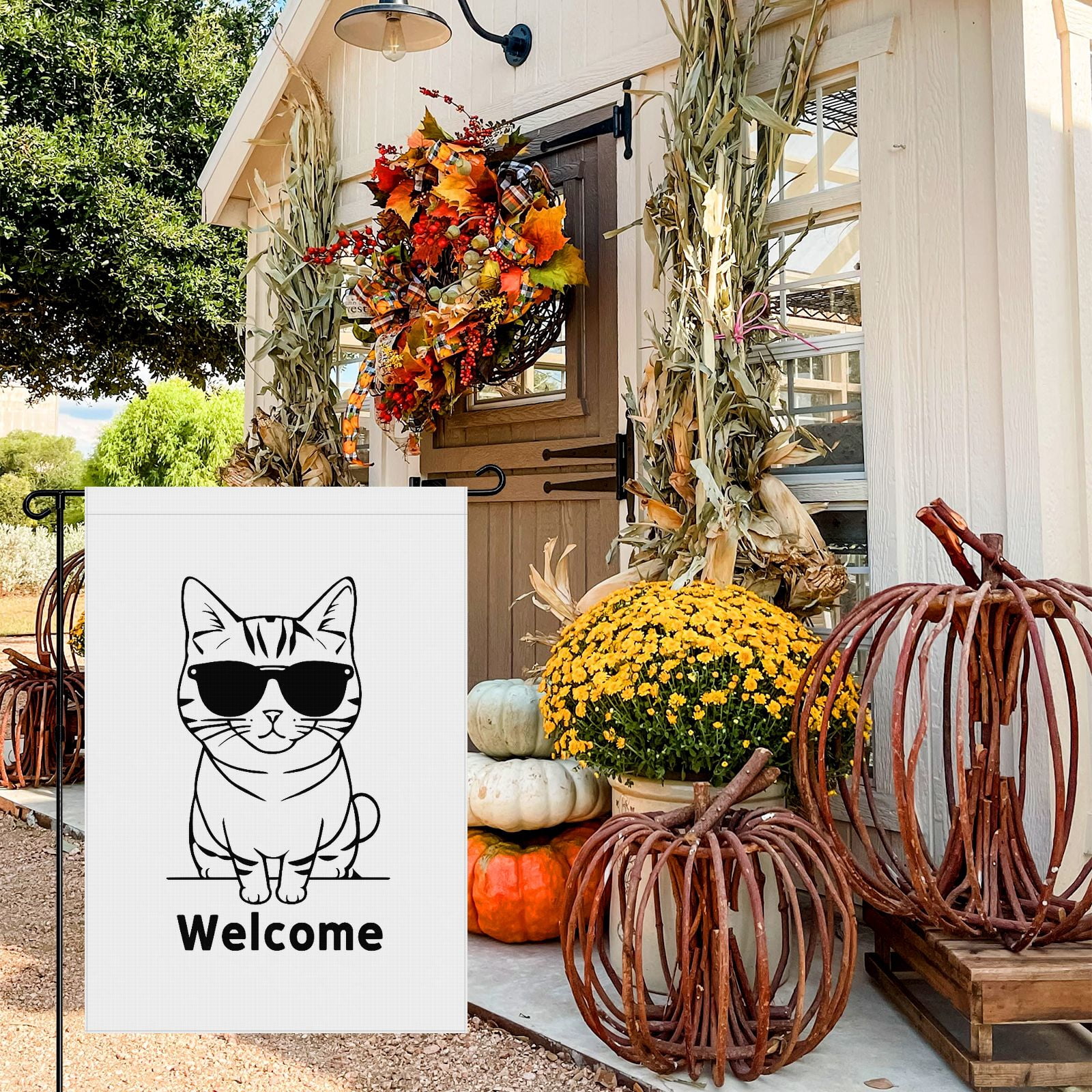 Kitty Garden Flag for Outdoor Cartoon Style Camper Decorations, Versatile Cool Cat Fluffy Cat Kitten Back Yard Decor for Patio Backyard Front Door House Porch Deco, 28x40inch