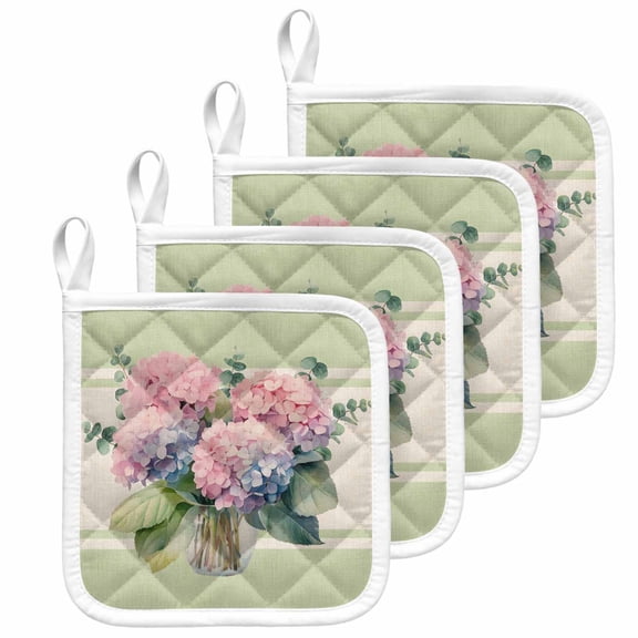 Vintage Botanical Pot Holders for Kitchen Heatproof Potholder, 4 Pack Spring Floral Teal Pink Watercolor Hot Pads Multipurpose Oven Pads Cloth Potholders Trivet for Cooking and Baking