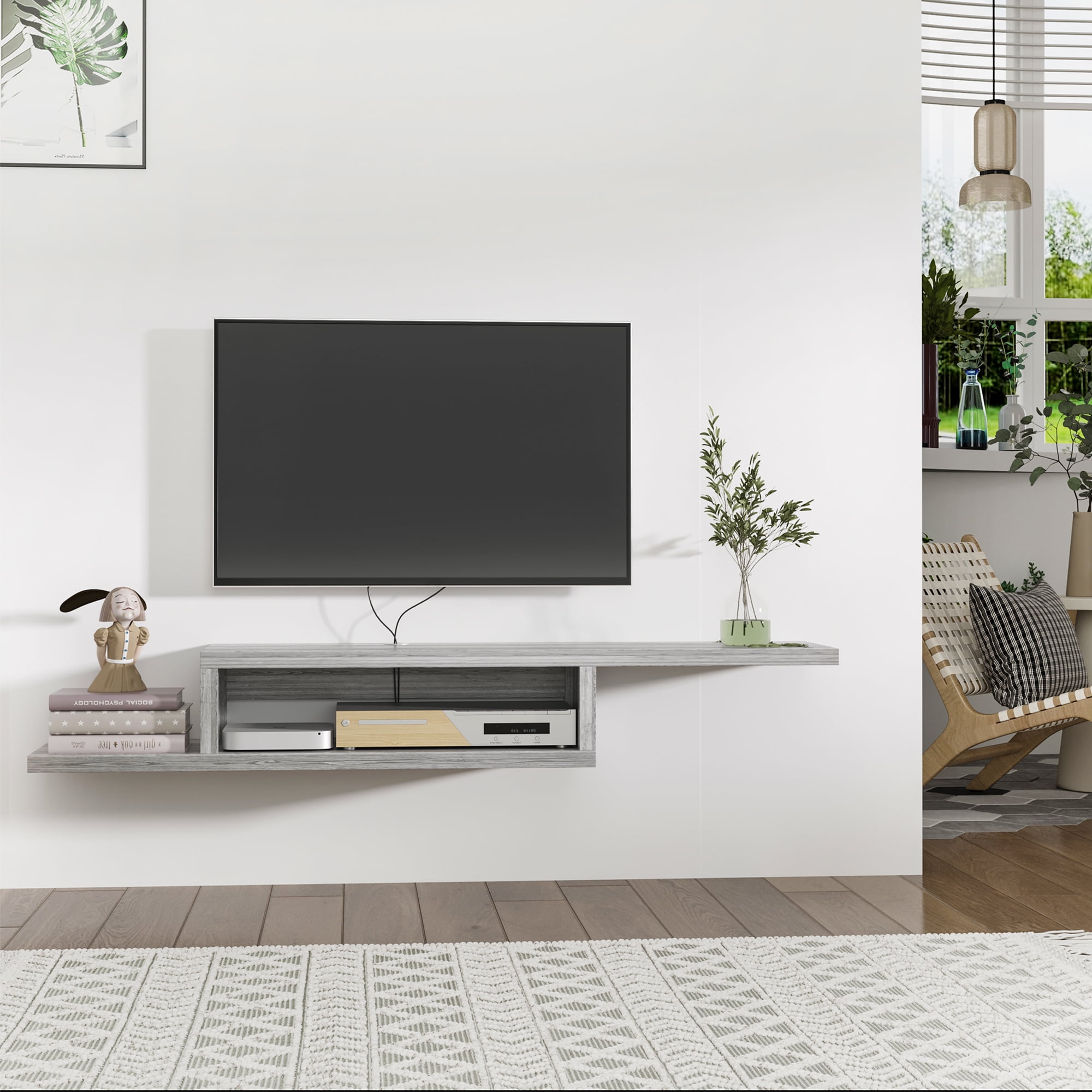HOMCOM Wall Mounted Media Console, Floating TV Stand Component Shelf, Entertainment Center Unit, Grey