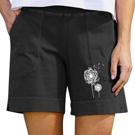 up to 60% off Gifts Usmixi Womens Summer Shorts Beach Fashion Dandelion Print Cotton Linen Short Pants Plus Size Elastic Waist Shorts with Pocket Black s