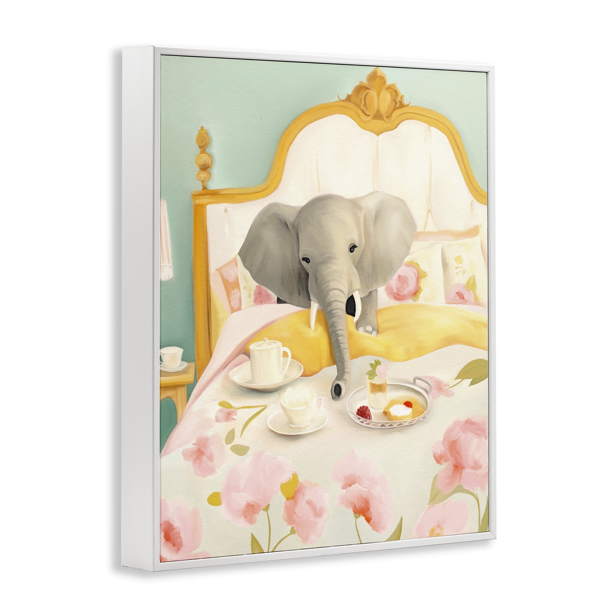 Breakfast in Bed Elephant White Framed Giclee Art, design by Leah Straatsma