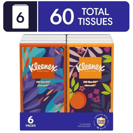 Kleenex On-The-Go Facial Tissues, 6 On-The-Go Packs, 10 Tissues per Pack, 3-Ply