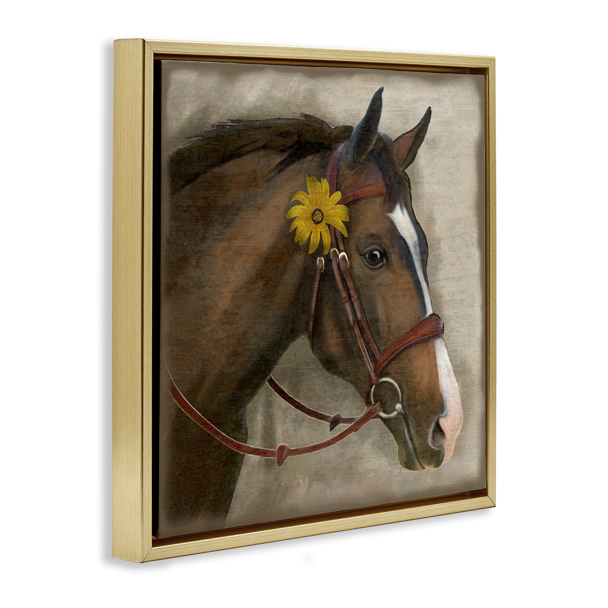 Stupell Industries Barnyard Horse with Daisy Gold Framed Floater Canvas Wall Art, design by Suzanne Nicoll