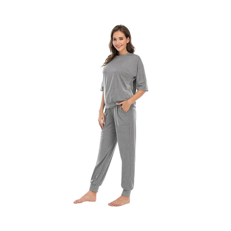 Matching Pajama Set with pockets Half Sleeve Cuffed Leg Gray