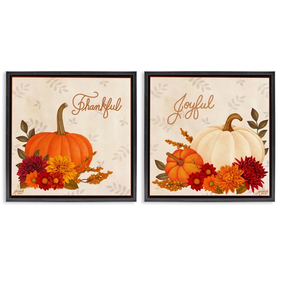 Stupell Industries Joyful Thankful Sentiment Pumpkin Holiday Painting Black Floater Framed Canvas Art Prints Wall Art, 18 x 18, Set of 2