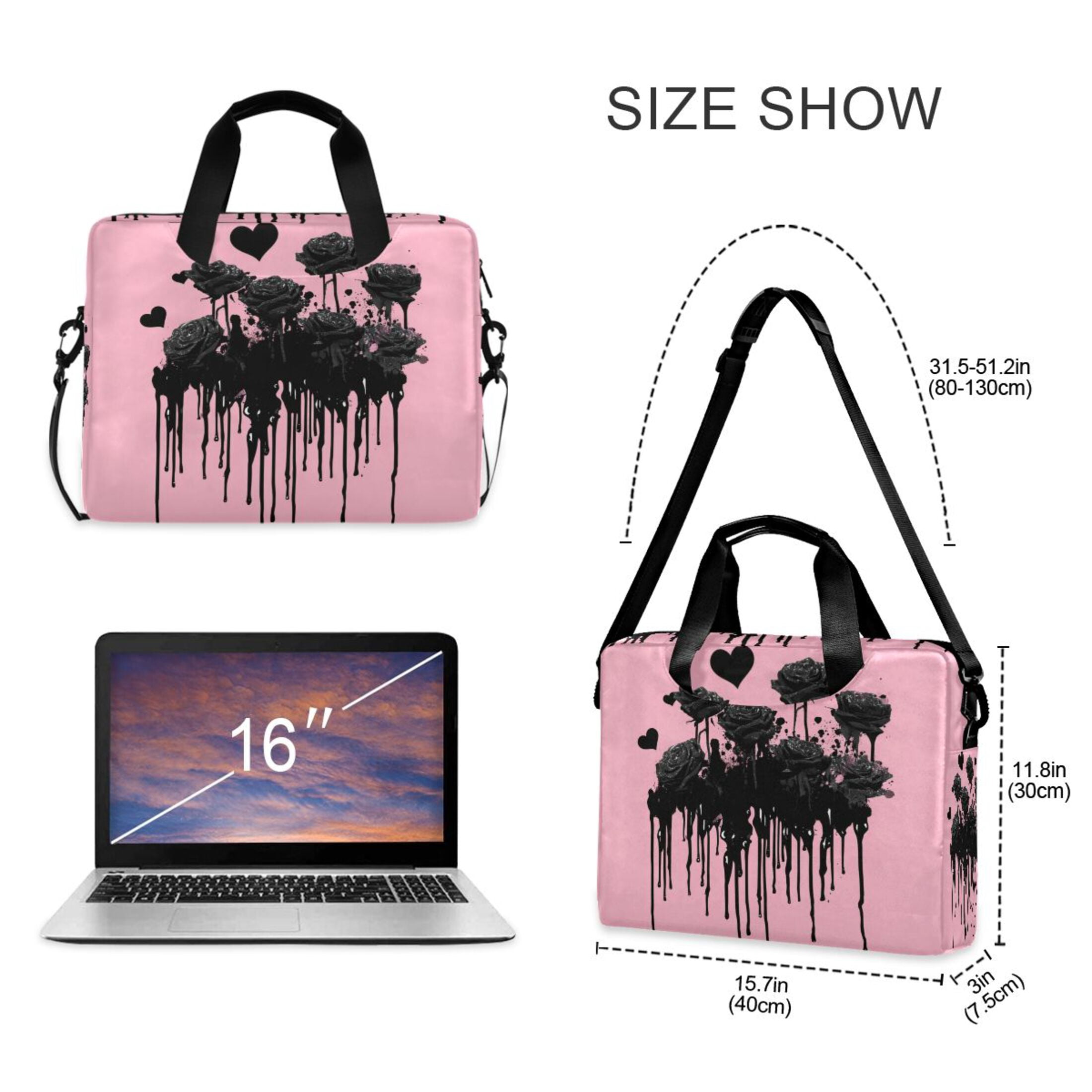 16" Laptop Tote Bag Laptop Sleeve Case Computer Briefcase for Work & Travel Black Roses
