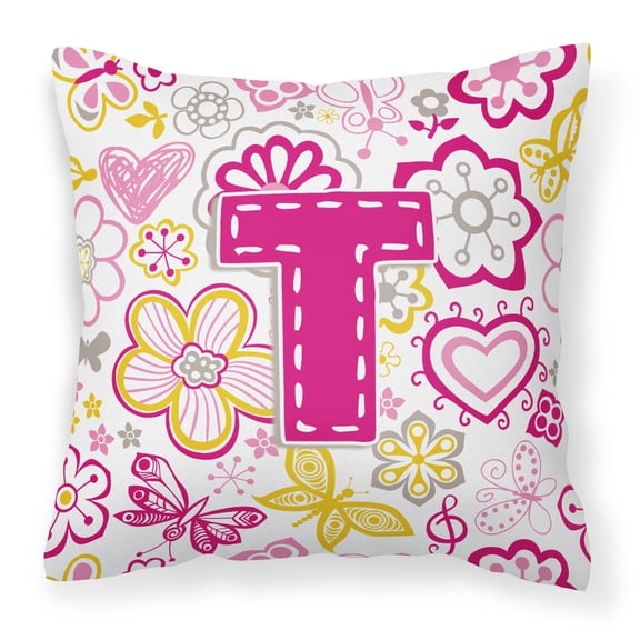Letter T Flowers and Butterflies Pink Fabric Decorative Pillow