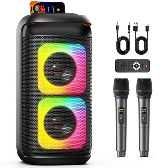 FanFun Bluetooth Speaker with 2 Microphones, Portable Speaker with LED Lights for Party, Powerful Sound, Deep Bass