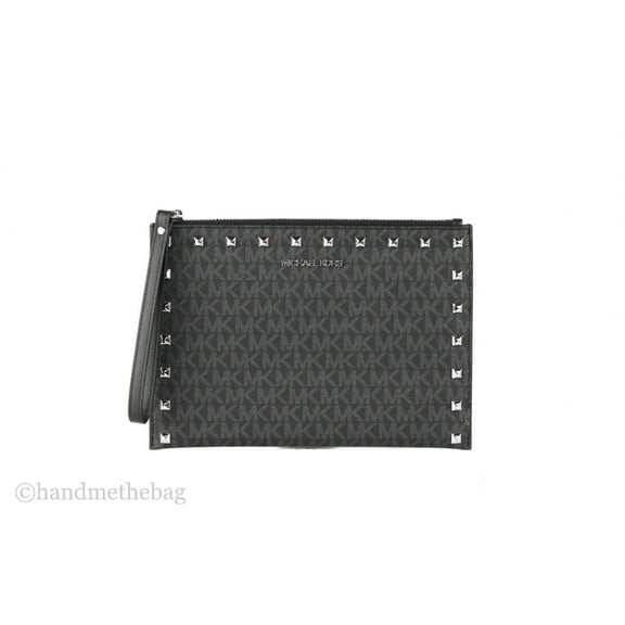 Michael Kors Jet Set Travel Extra Large Signature PVC Leather Zip Clutch Wristlet Handbag (Black Signature)