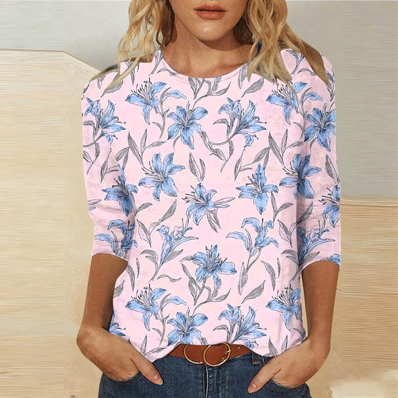 Jsaierl Women's 3/4 Length Sleeve Tops Plus Size Crew Neck Shirts Trendy Graphic Petite Blouses Going Out Cotton Tunic Top S-5XL