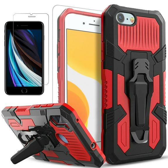 iPhone 8 Case, Dual Layers [Combo Holster] And Built-In Kickstand Bundled with [Temerped Glass Screen Protector] Hybird Shockproof (Red)