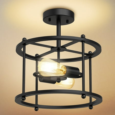 

Black Semi-Recessed Ceiling Light 2 Lights Farmhouse Industrial Style Porch Round Pendant Light For Living Room Dining Room Bedroom With E26/27 Bulb Base Without Bulb Voltage 110V And 220V
