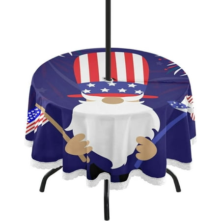 

Hyjoy 60 American Flag Gnome Round Tablecloth Waterproof Spillproof Polyester Fabric Table Cover with Zipper Umbrella Hole for Outdoor Patio Garden Dining Party