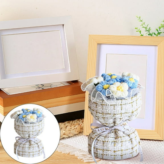 PLJFXXM Crochet Flower Bouquet, Handmade Knitted Faux Crochet Flowers for Home Decor Valentine’s Day Anniversary Weddings Birthdays Mother’s Day, Includes Gift Bag and Greeting Card (Blue)