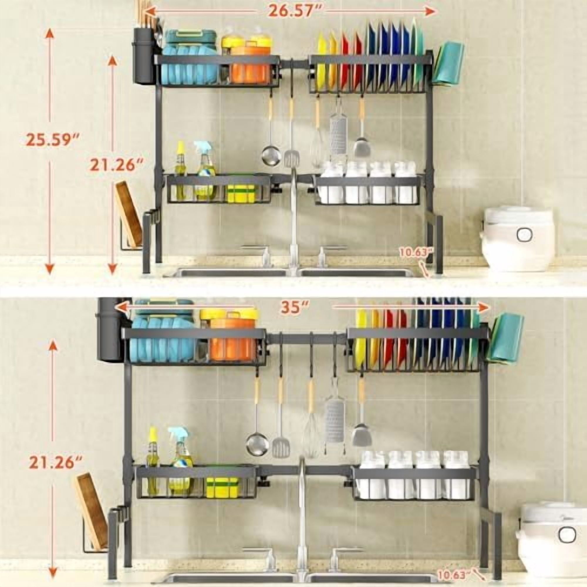 4 Baskets Over The Sink Dish Drying Rack, Extendable Large Capacity Sink Rack, Metal Drying Rack Saving Space,for Most Sinks (26.57"-35")