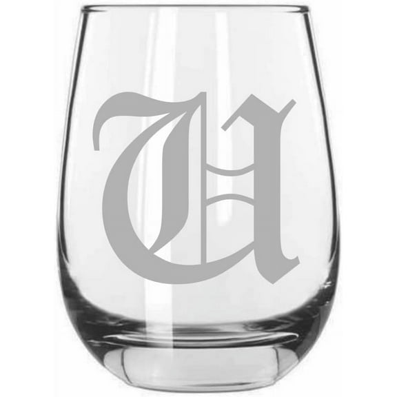 U Old English Monogrammed Etched 15.25oz Libbey Stemless Wine Glass