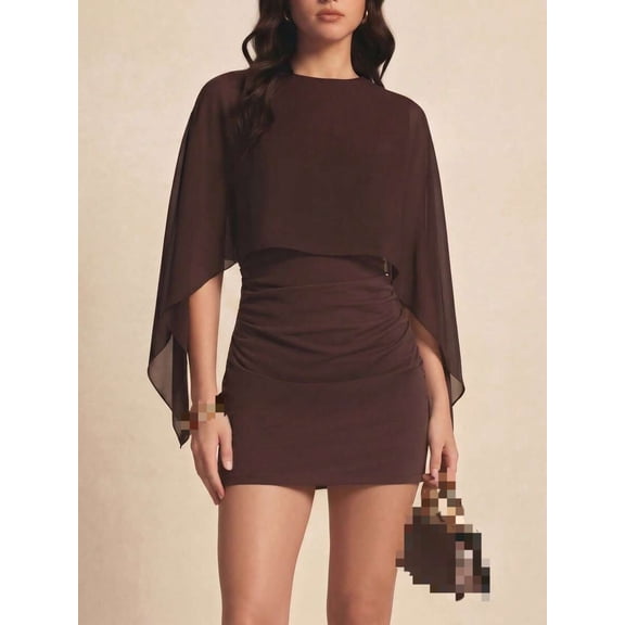 Round Neck Batwing Sleeve Dress with Patchwork Detail and Ruched Front