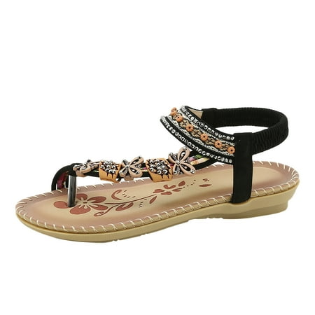 

Sandals Women Bohemian Flat Bottom Breathable Open Toe Shoes Pu Black 40