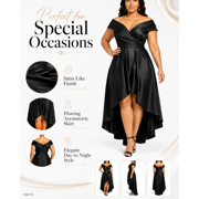 Plus Size Black Off-the-Shoulder High-Low A-Line Formal Dress, V-Neck Short Sleeve Evening Gown