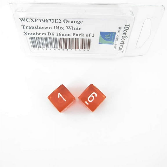 Orange Translucent Dice with White Numbers D6 Aprox 16mm (5/8in) Pack of 2 Wondertrail