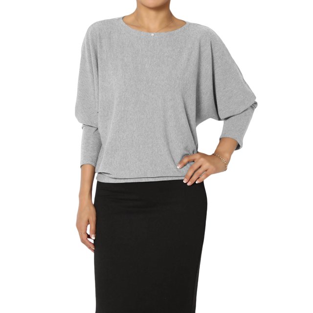 TheMoogan Women's Closet-Essential Drapey 3/4 Dolman Sleeve Boat Neck Relaxed Ribbed Top
