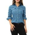 thumbnail image 5 of MODA NOVA Junior's Point Collar Long Sleeve Button Down Chest Pockets Denim Shirt, 5 of 6