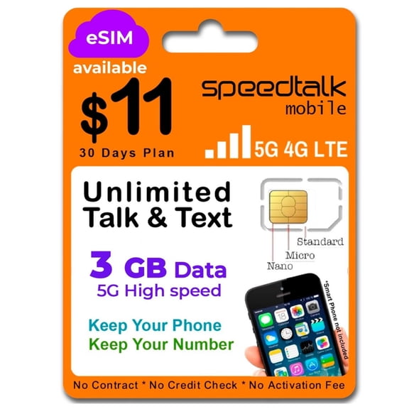 SpeedTalk Mobile 3GB SIM Card, 5G 4G LTE, Talk & Text