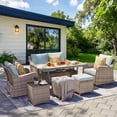thumbnail image 2 of MEISSALIVVE 7 Pieces Patio Furniture Set with Dining Table, Outdoor Wicker Conversation Set with 2-Seat Sofa, Wicker Armrest Swivel Chairs, 2 Ottomans, Blue, 2 of 9