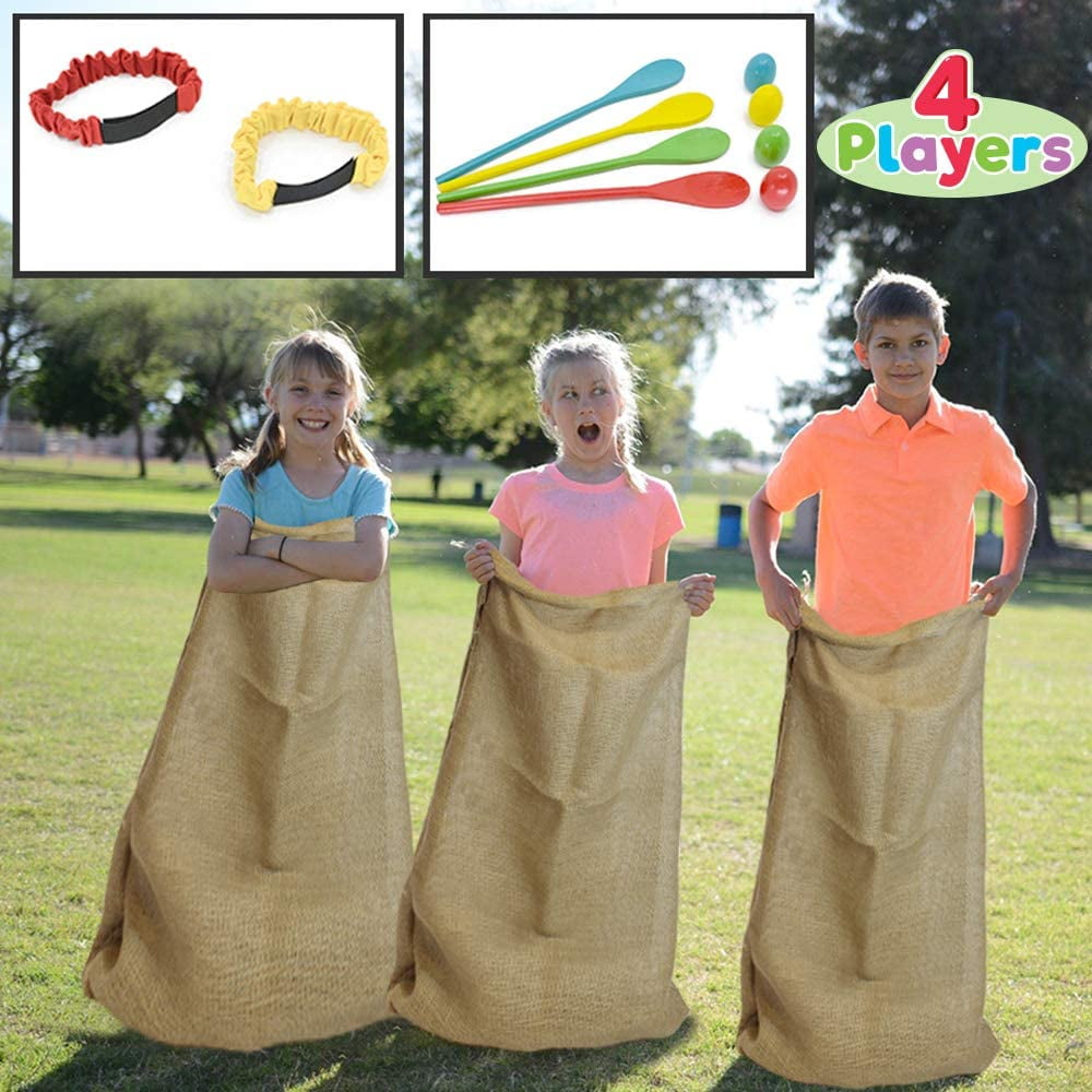 easter games set; potato sack race bags, egg and spoon race games, legged relay race bands elastic tie rope for all ages kids, outdoor easter eggs hunt game party favor activities.