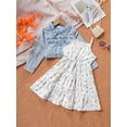 thumbnail image 3 of Girls 2pcs Long Sleeve Denim Button Coat & Straps Floral Print Flare Dress Trendy Casual Kids Outdoor Clothes For Spring And Autumn, 3 of 7