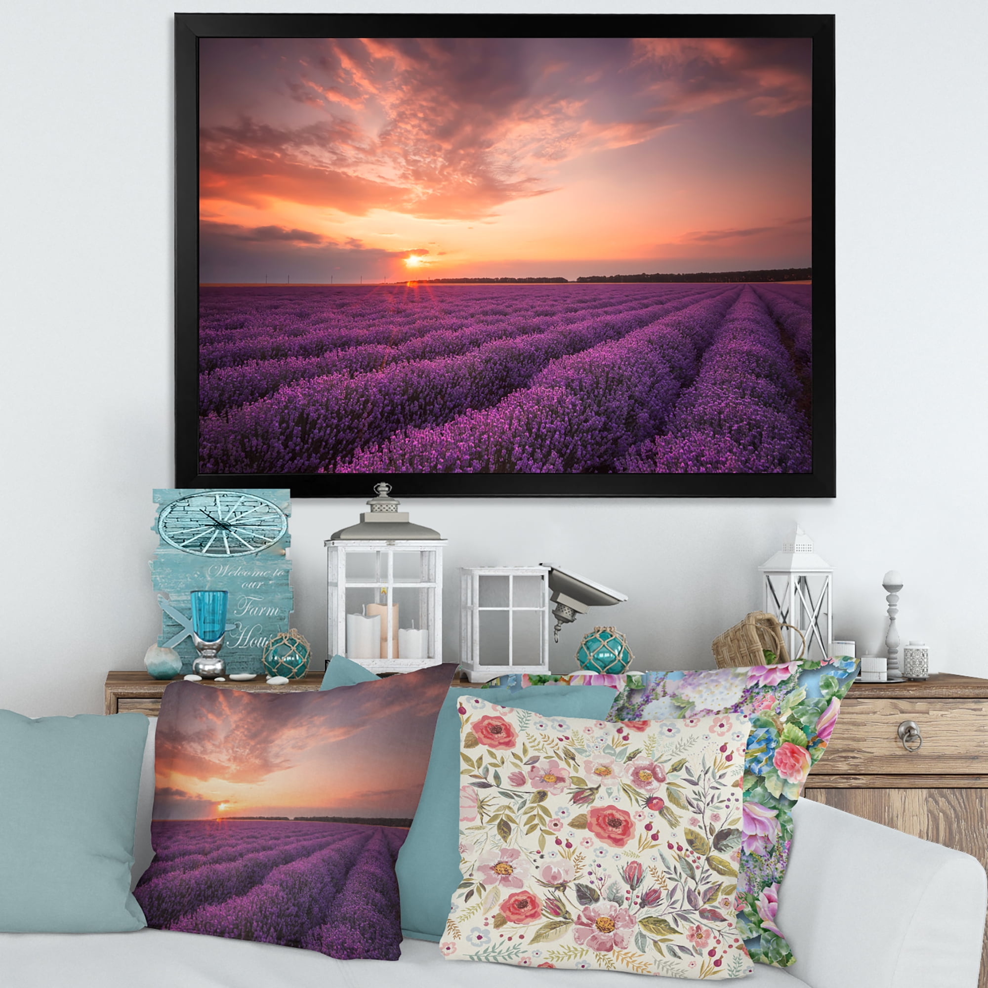 Designart 'Dramatic Clouds and Sunrise Over Lavender Field XII' Farmhouse Framed Art Print