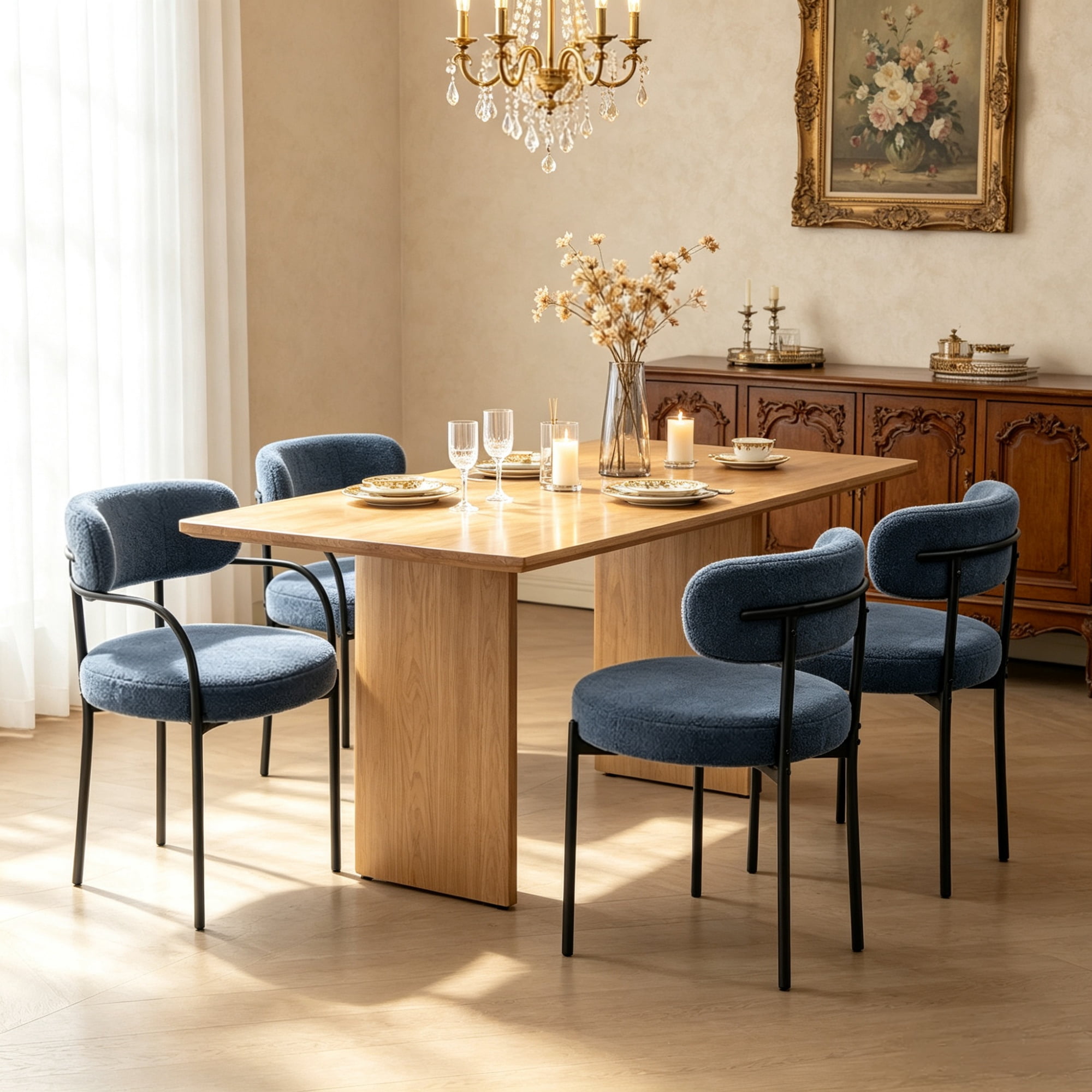 All-in-One 4-Piece Modern Round Upholstered Kitchen Chairs, Curved Backrest, Soft Thick Cushion Dining Set, Gray（Only chairs）