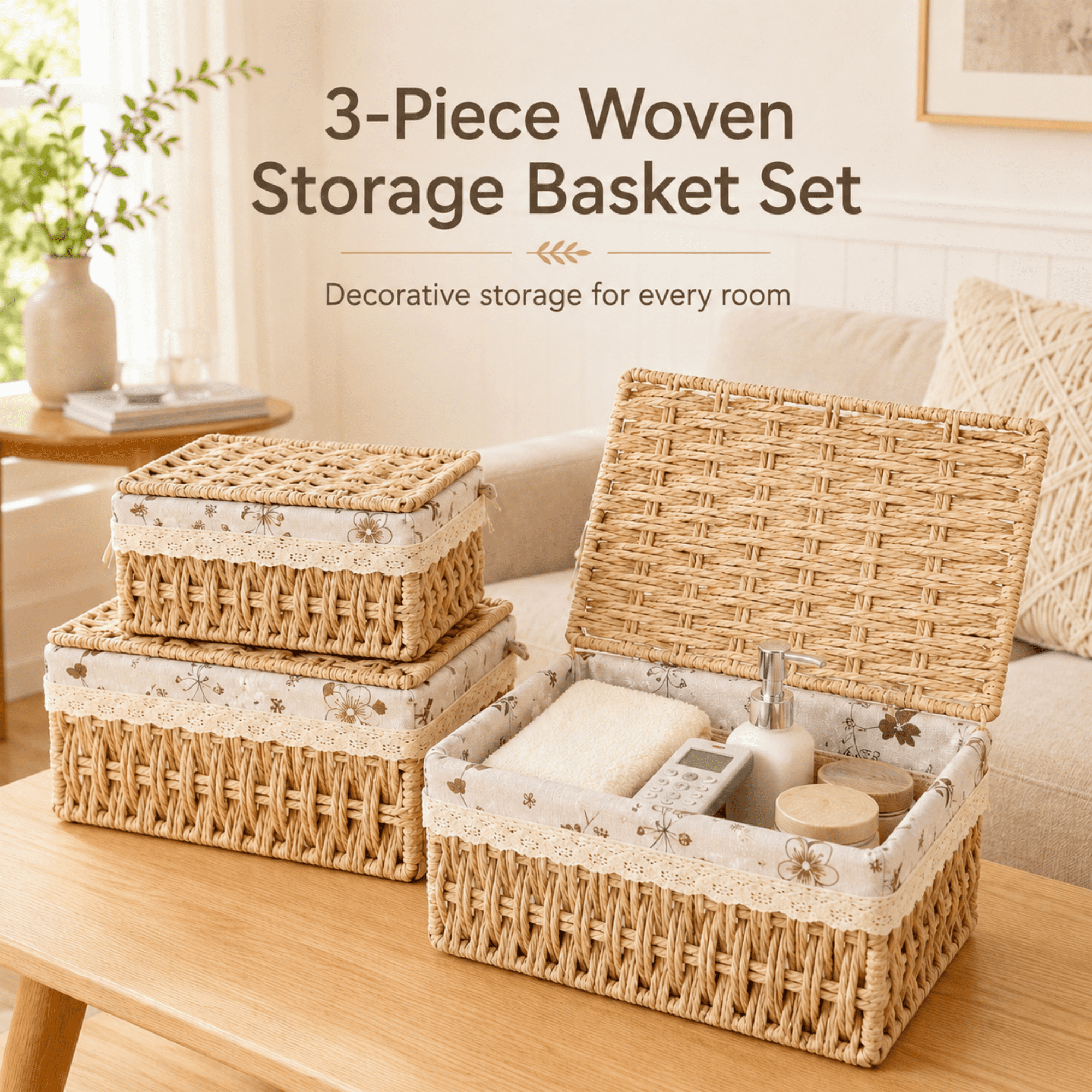 MEHOOM Decorative Storage Baskets, Natural Paper Rope Wicker Baskets with Lid & Liner, Baskets and Bins for Bedroom, Living Room, Kitchen, Table, Home Decor (3 Pack)