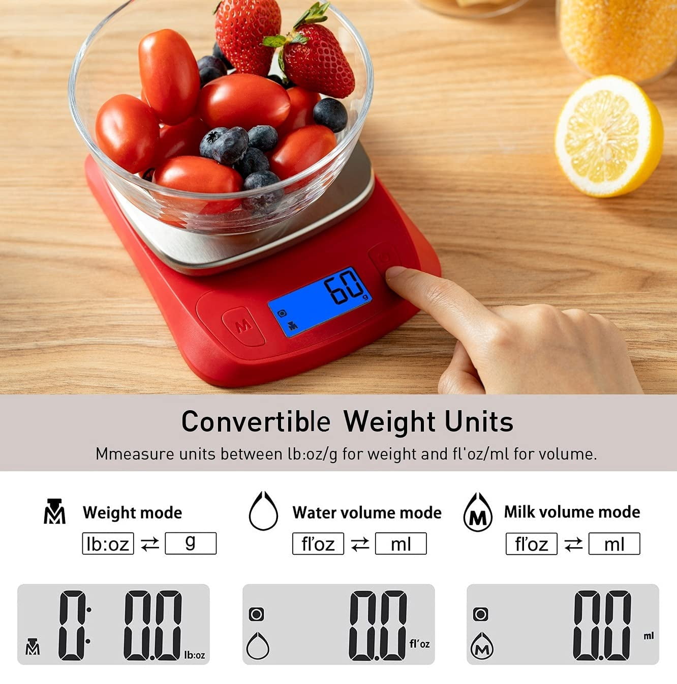 Ultra Slim Food Scale Digital Kitchen 1g Increment Measure in lb oz ml High Precision Weight in Grams and oz for Coffee Making, Meal Prep - Red/Stainless Steel