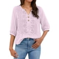 thumbnail image 4 of Babysbule Women's Cotton Embroidered Notch V-Neck Elbow Length Sleeve Casual Boho Top for Daily and Weekend Wear, 4 of 6