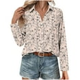 thumbnail image 4 of Womens Button Down Shirt Long Sleeve Blouse Business Work Tops Dressy Casual Floral Printed Outfits Khaki 5XL, 4 of 6